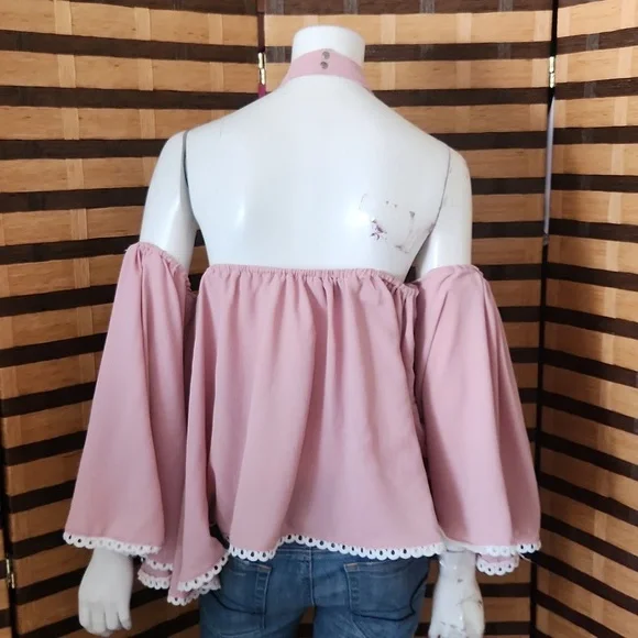 Pink off shoulder choker top - Picture 2 of 9